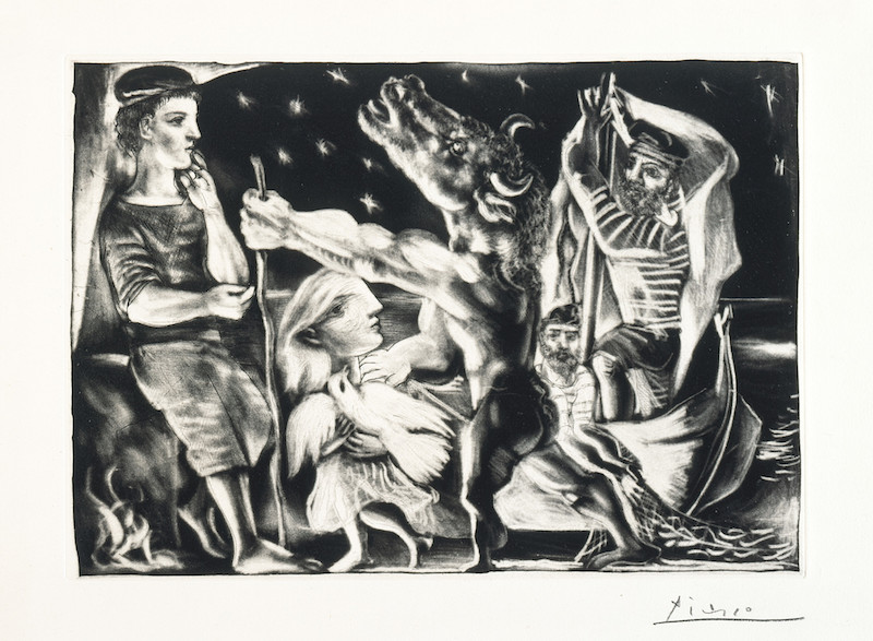 Blind Minotaur Led through the Night by Girl with Fluttering Dove, 1934 Edition of 250, Burnished aquatint Plate (Plate): 9 3/4 x 13 11/16 in. Mat: 18 × 22 in. (45.72 × 55.88 cm) Los Angeles County Museum of Art, Graphic Arts Council Fund (M.77.23) © Estate of Pablo Picasso / Artists Rights Society (ARS), New York photo © Museum Associates/LACMA 